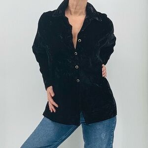 Vintage 90s Boho Western Goth Crushed Velvet Embellished Button Down Blouse Top